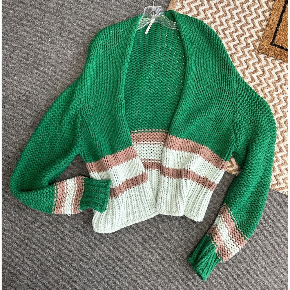 Free People Green Glow For It Size M Open Chunky Drop Shoulders Cardigan Sweater